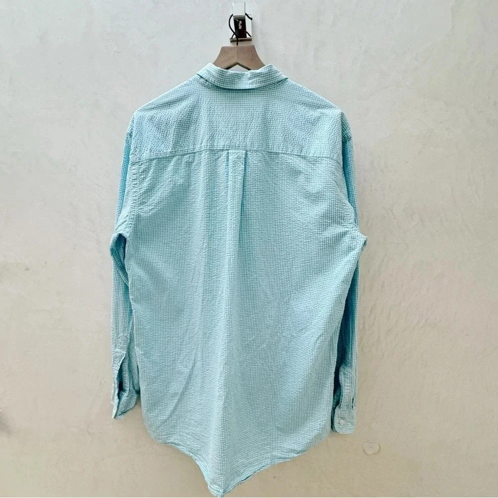 L.L. Bean || Men’s Gingham Ocean Blue White Seersucker Cotton M Tall - Picture 3 of 9
